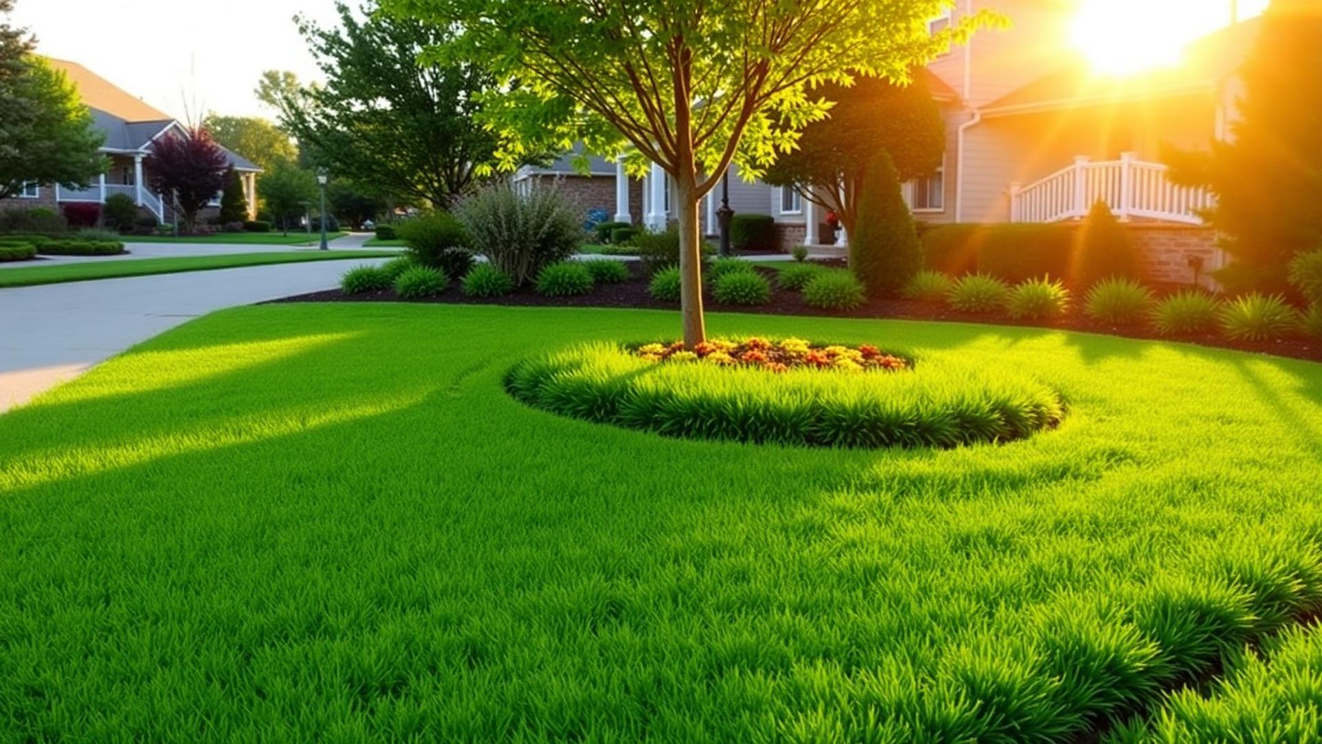 Beautifully maintained green lawn in a suburban front yard at golden hour
